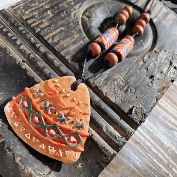 Artisan Rounded Triangle Unglazed Clay Multi Flag Beads OOAK Pendant Necklace - Picture 3 of 7
